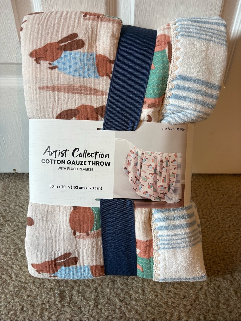 Dachshund Cotton Gauze Throw - Pink, Blue & Green